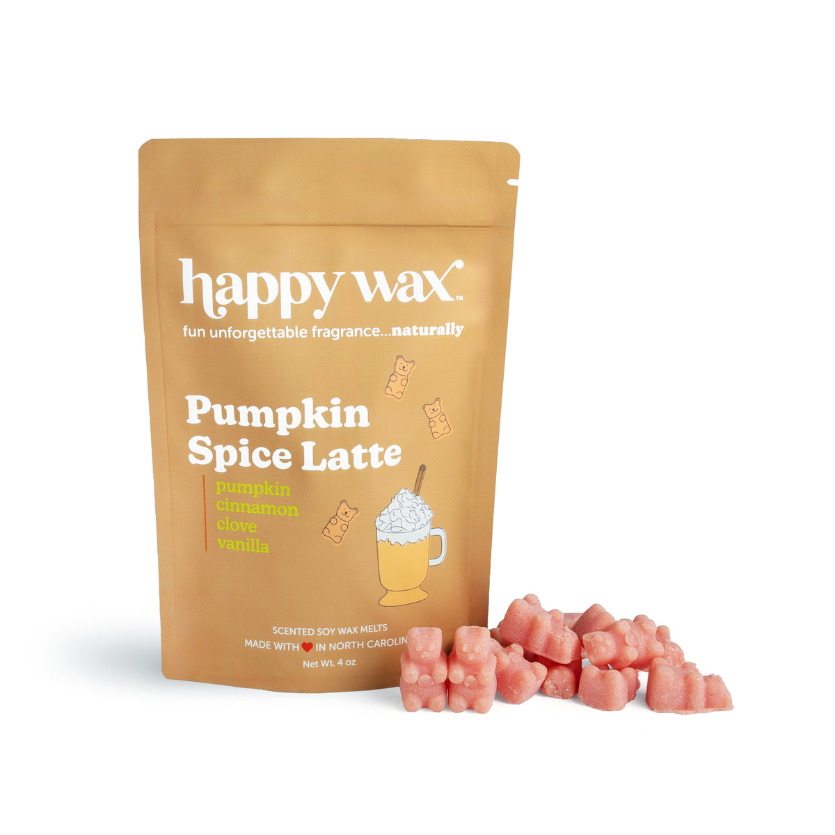 Tan pouch of Happy Wax pumpkin spice latte wax melts with pink wax cubes displayed beside it.