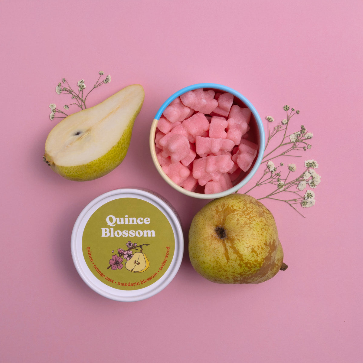 Pink wax melts in blue and white containers with fresh quince halves and dried flowers on pink background.