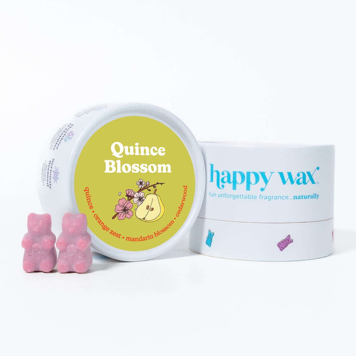 Pink wax melts displayed next to a yellow-labeled container and white Happy Wax branded box.