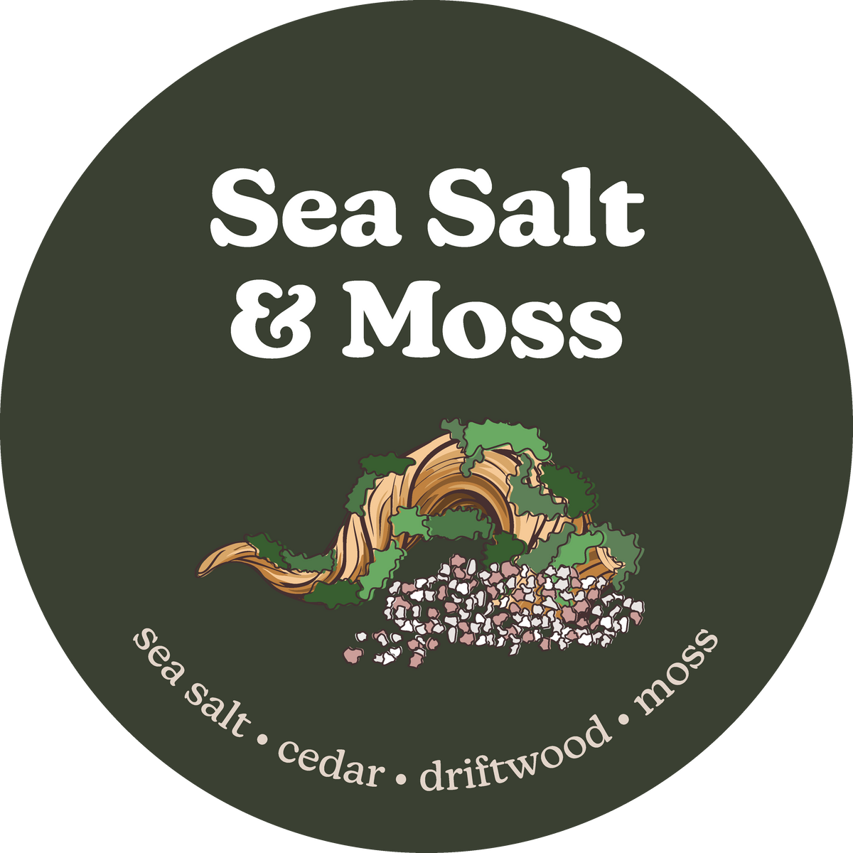 Round label with 'Sea Salt & Moss' text and illustrations on a dark green background