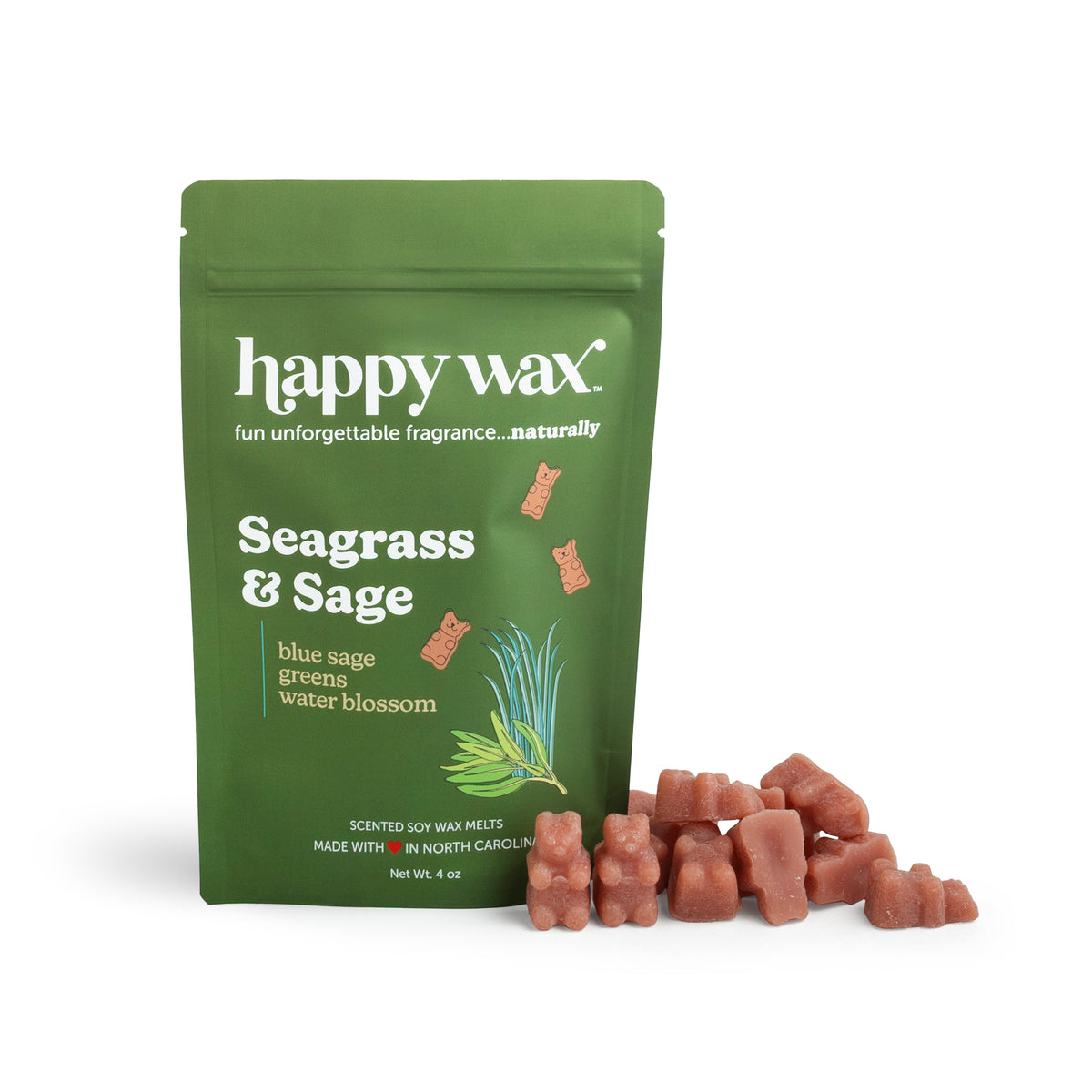 Green pouch of Happy Wax Seagrass & Sage wax melts with terracotta-colored wax cubes displayed in front.