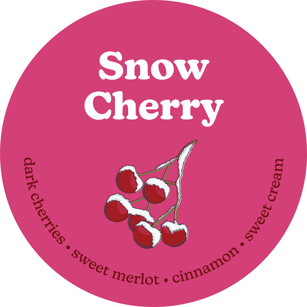 Round pink label for Snow Cherry wax melts with illustrated snow-covered red berries and scent notes text.