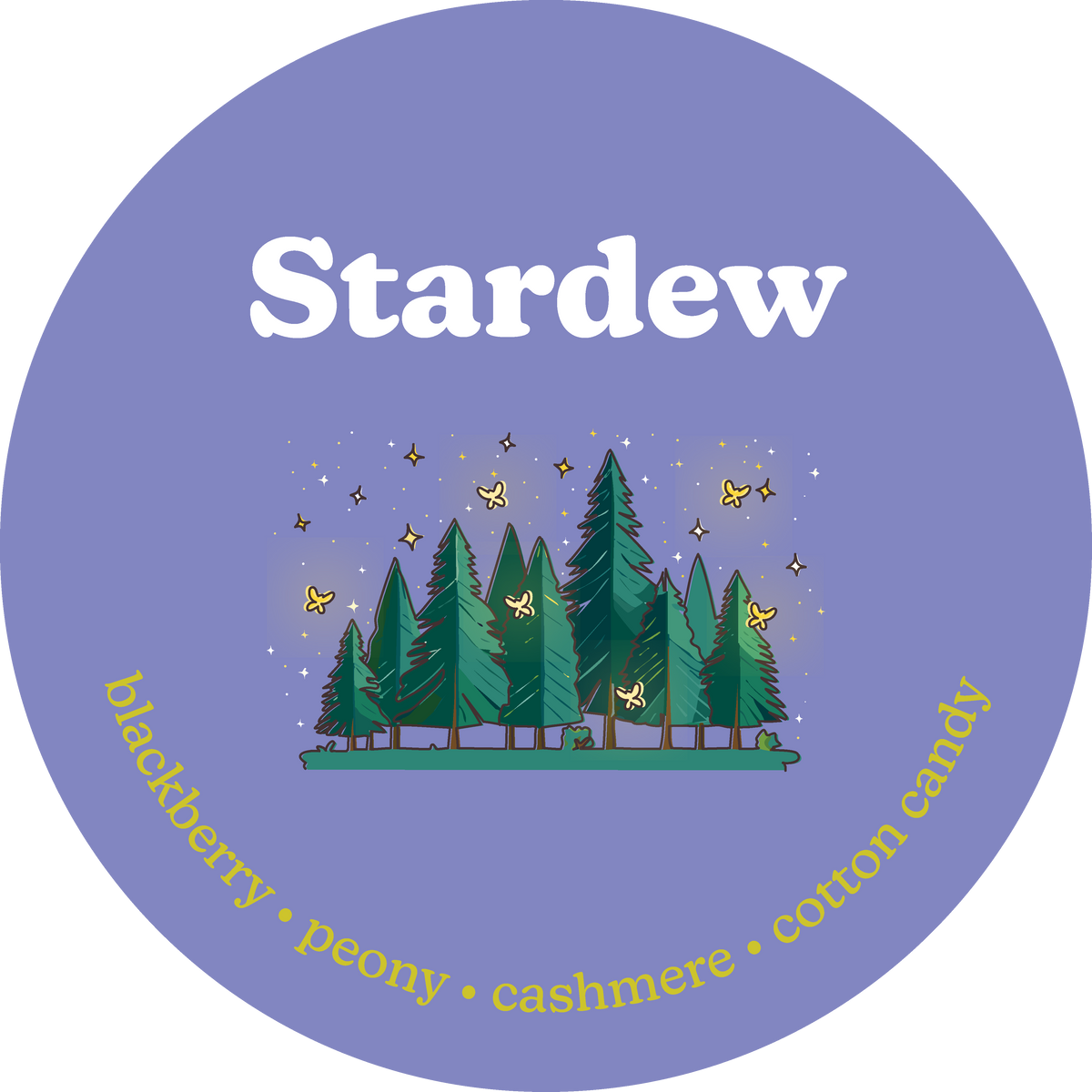 Purple circular wax melt container labeled "Stardew" with forest and stars illustration, listing blackberry, peony, cashmere,