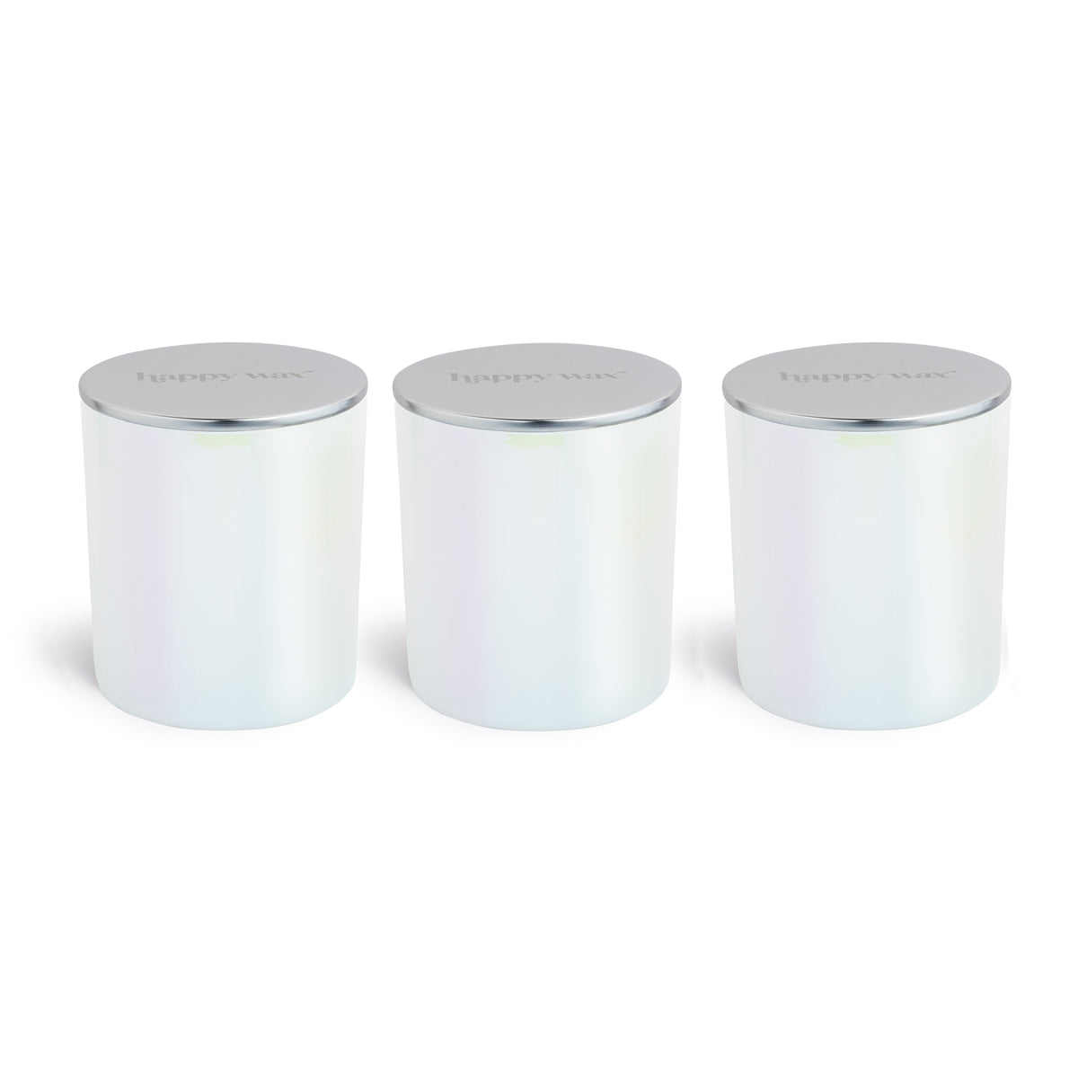 Three white cylindrical wax melt jars with silver metallic lids.