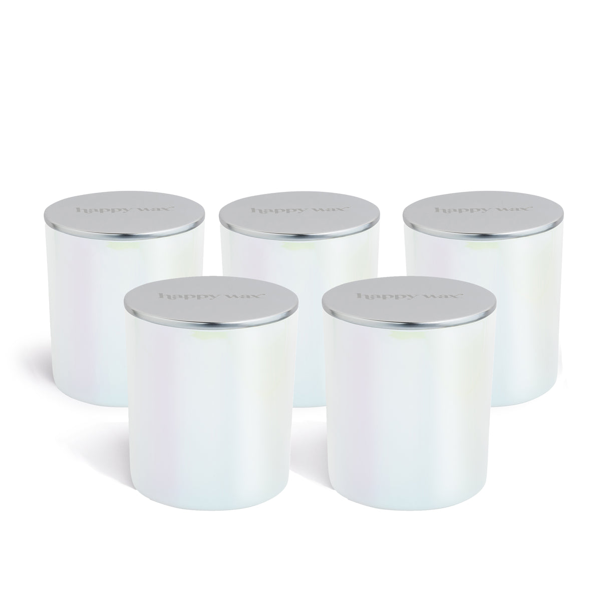 Five white cylindrical jars with silver metal lids arranged in a group.