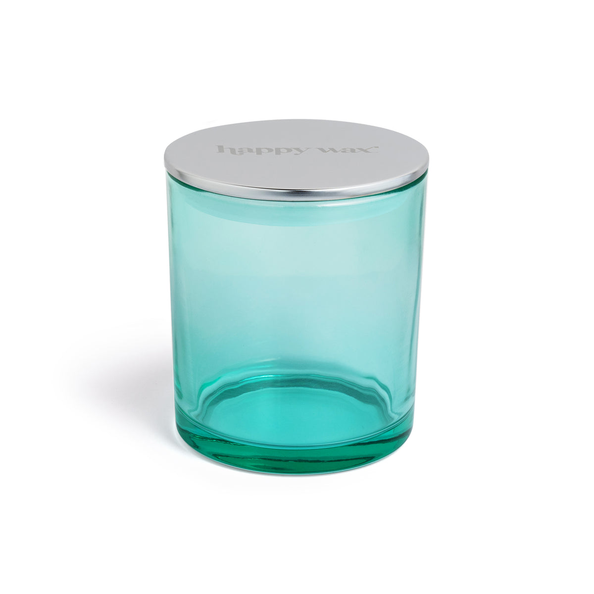 Turquoise glass jar with silver metal lid and "happy wax" text engraved on top.