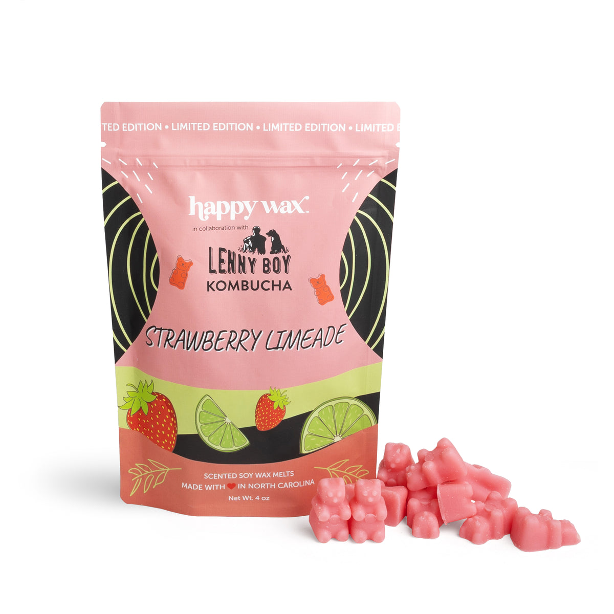 Pink wax melts scattered next to a resealable pouch labeled Strawberry Limeade with strawberry and lime graphics.
