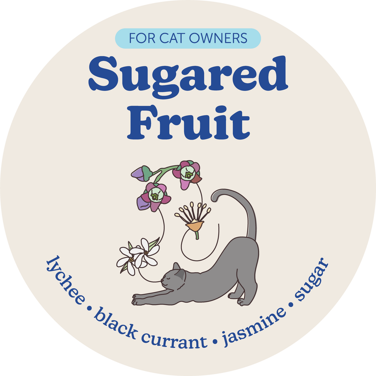 Round cream-colored label with blue text reading "Sugared Fruit" and illustration of gray cat with pink flowers and white dan