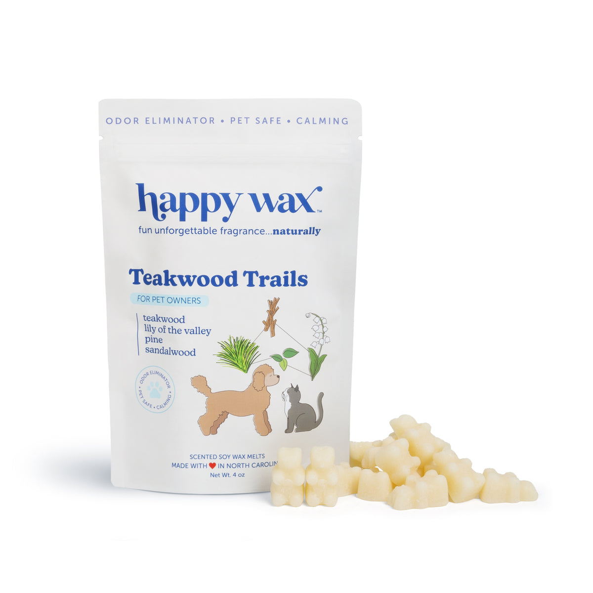 White pouch of Happy Wax Teakwood Trails pet wax melts with cream-colored wax pieces displayed in front.