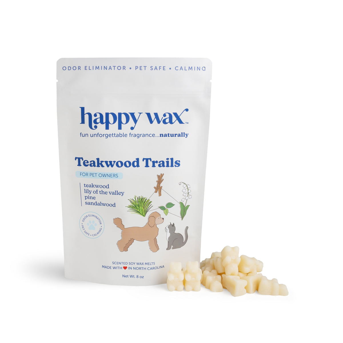 White pouch of Happy Wax Teakwood Trails pet wax melts with cream-colored wax chunks displayed in front.
