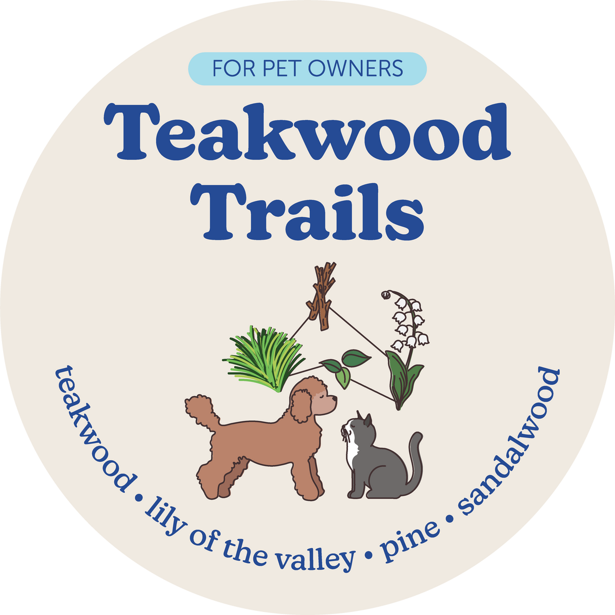 Circular label with "Teakwood Trails" text, dog and cat illustrations, and scent notes including cedarwood, lily of the valle