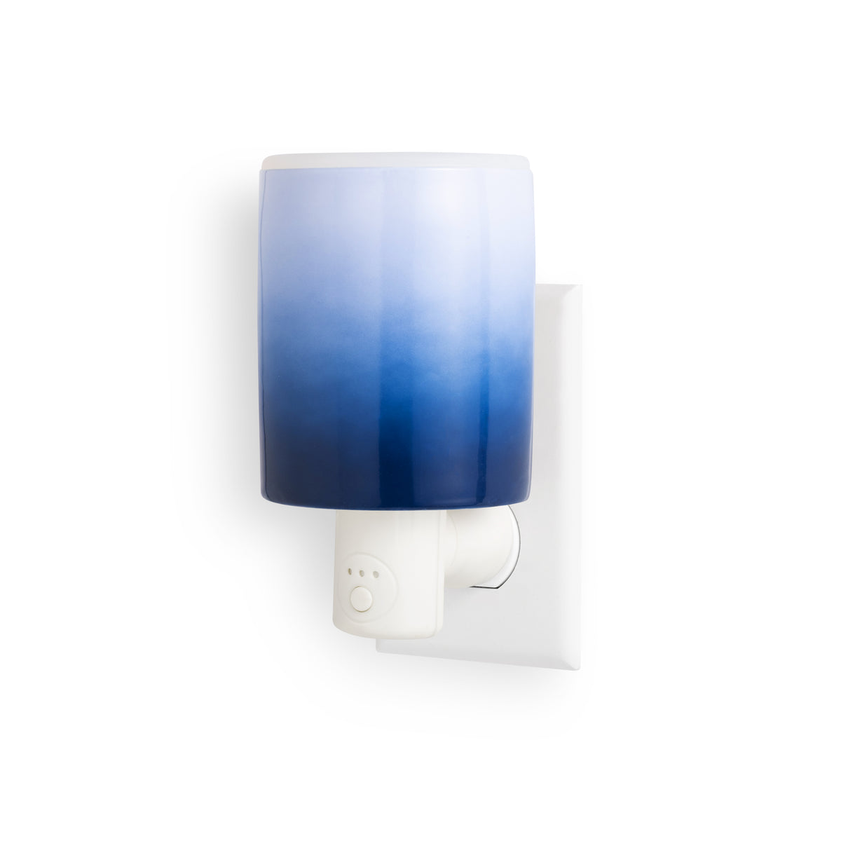 Blue ombre cylindrical wax warmer with white plug-in outlet base and control button.
