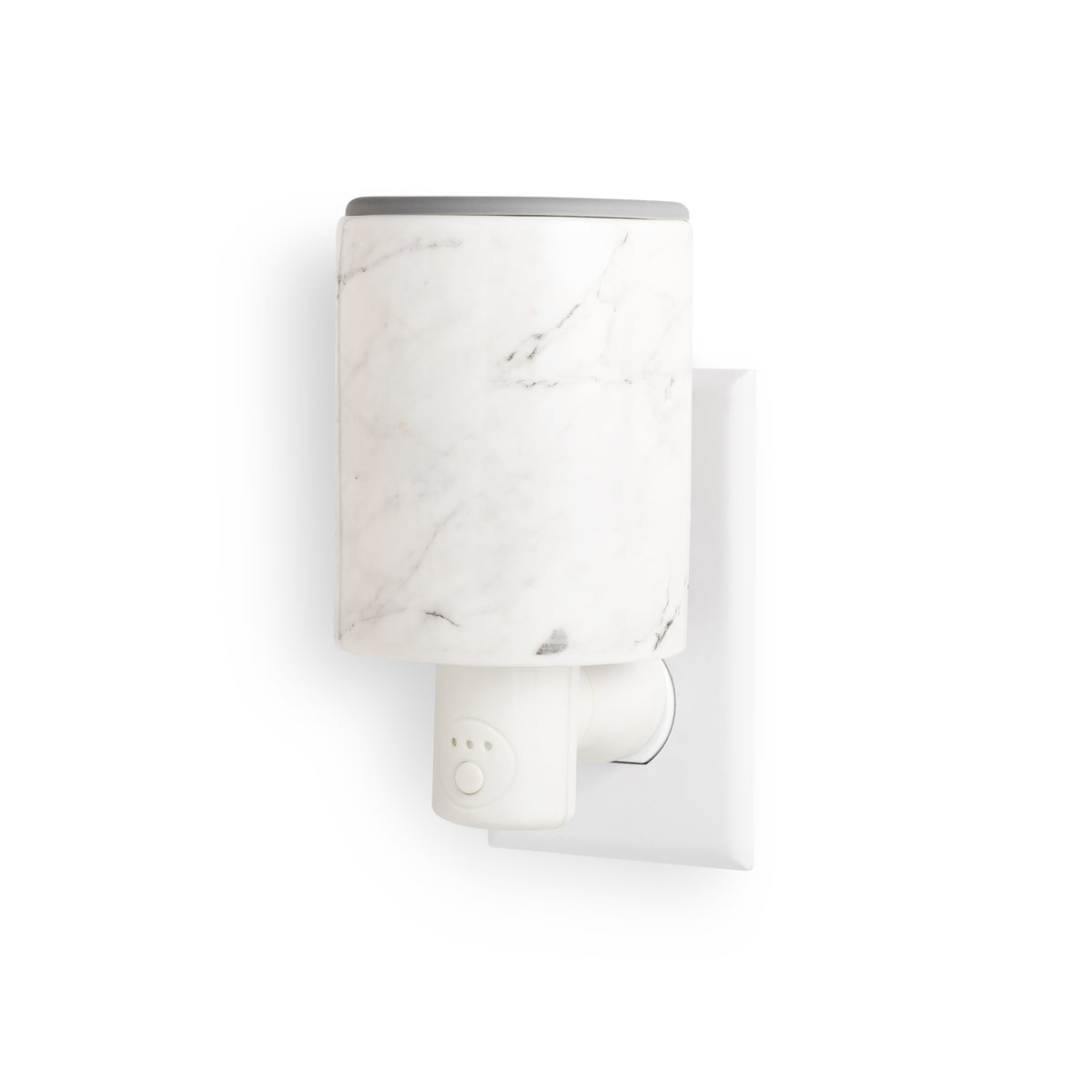 White marble-patterned wax warmer with timer outlet plug and gray metal top, mounted on wall outlet.