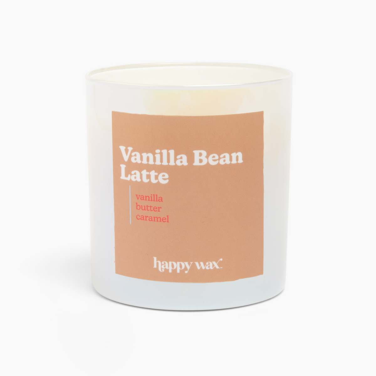 White cylindrical candle with tan label reading "Vanilla Bean Latte" and scent notes of vanilla, butter, and caramel.