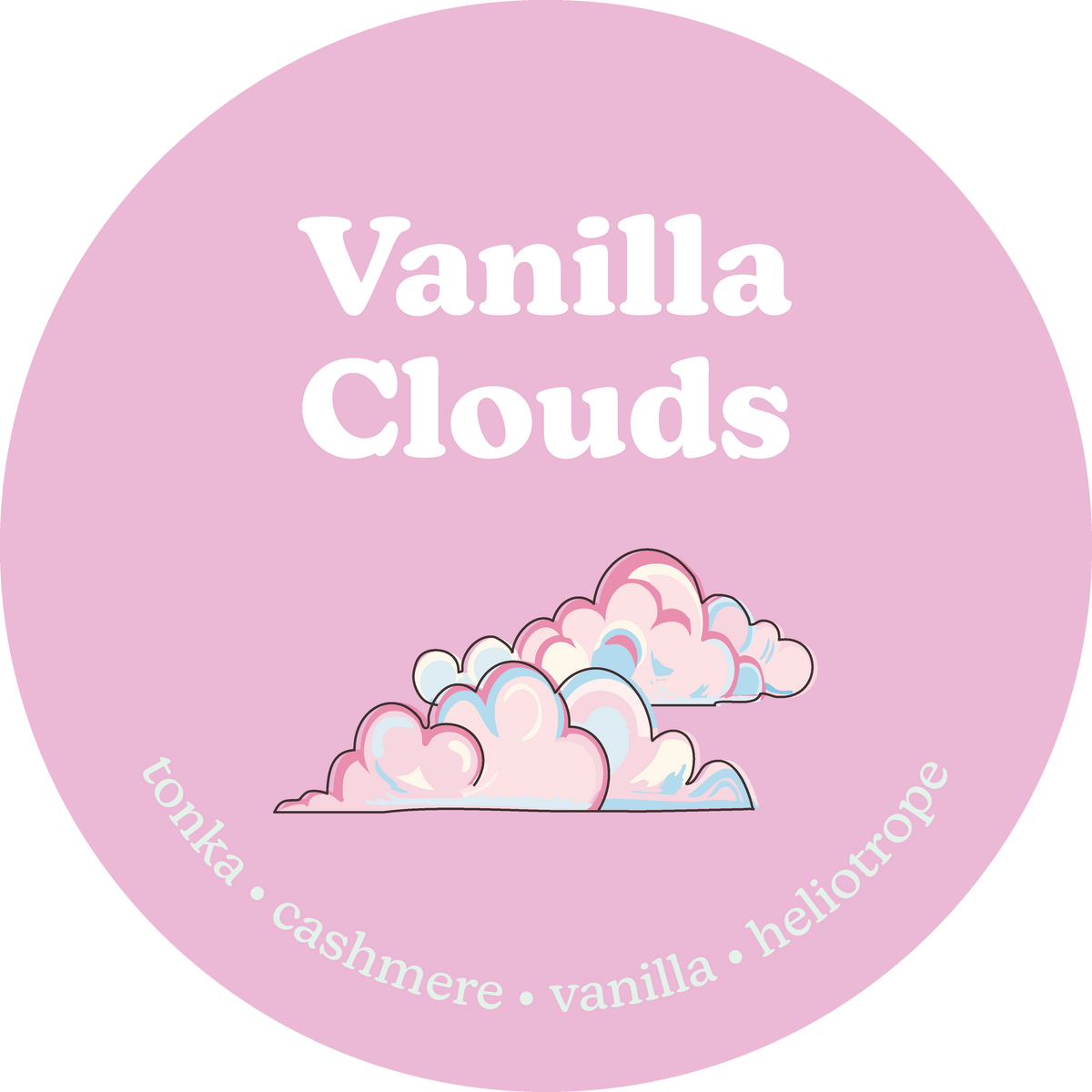 Pink circular label for Vanilla Clouds wax melts with white text and illustrated cloud design.