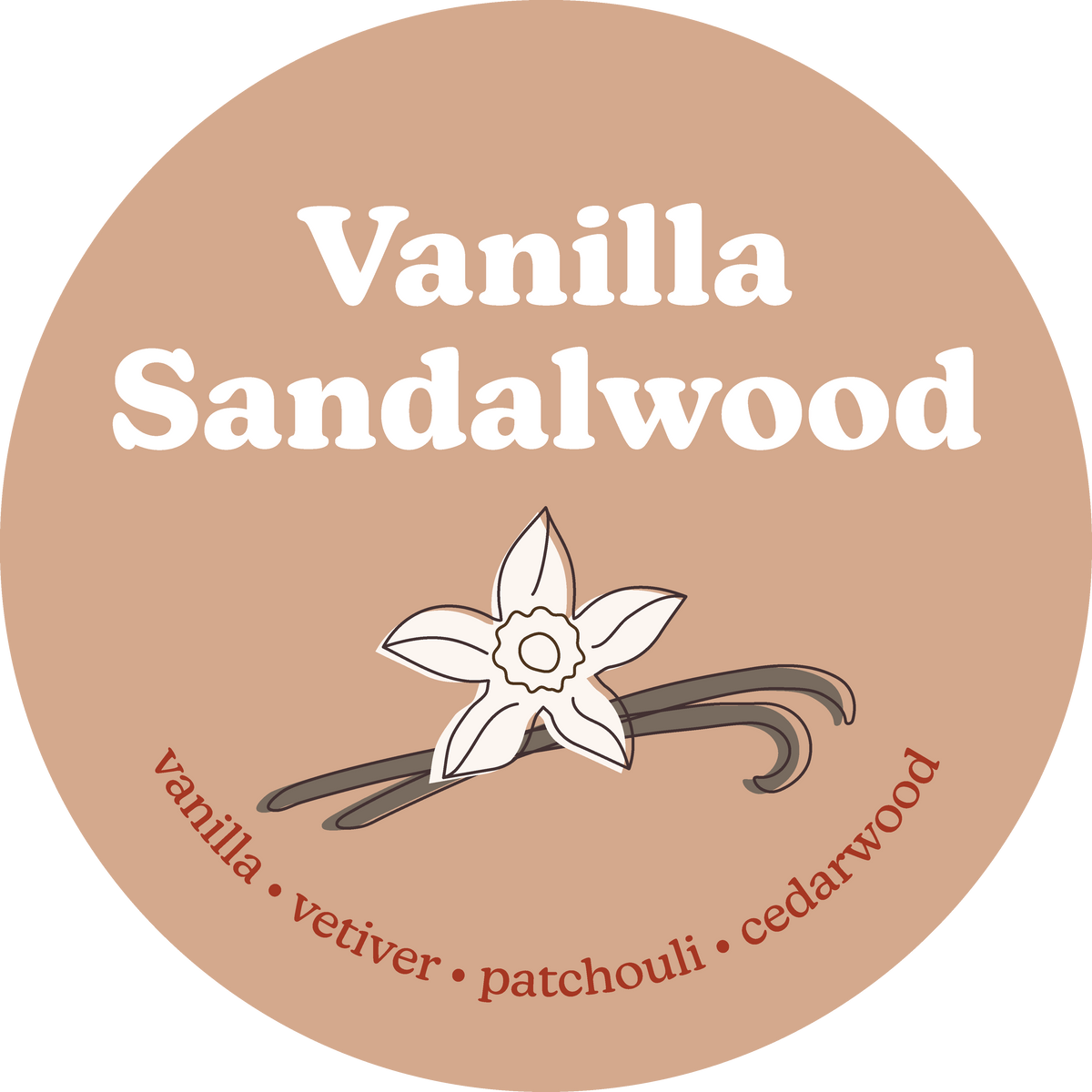 Tan circular label with white text reading "Vanilla Sandalwood" and illustration of vanilla pod with flower.