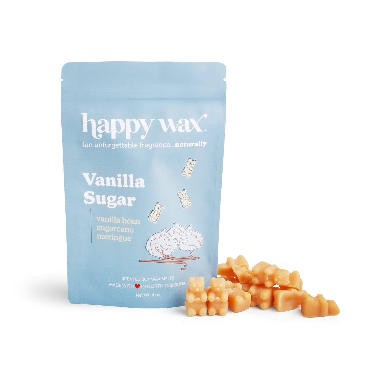 Light blue pouch of happy wax vanilla sugar scented soy wax melts with peach-colored wax pieces displayed in front.