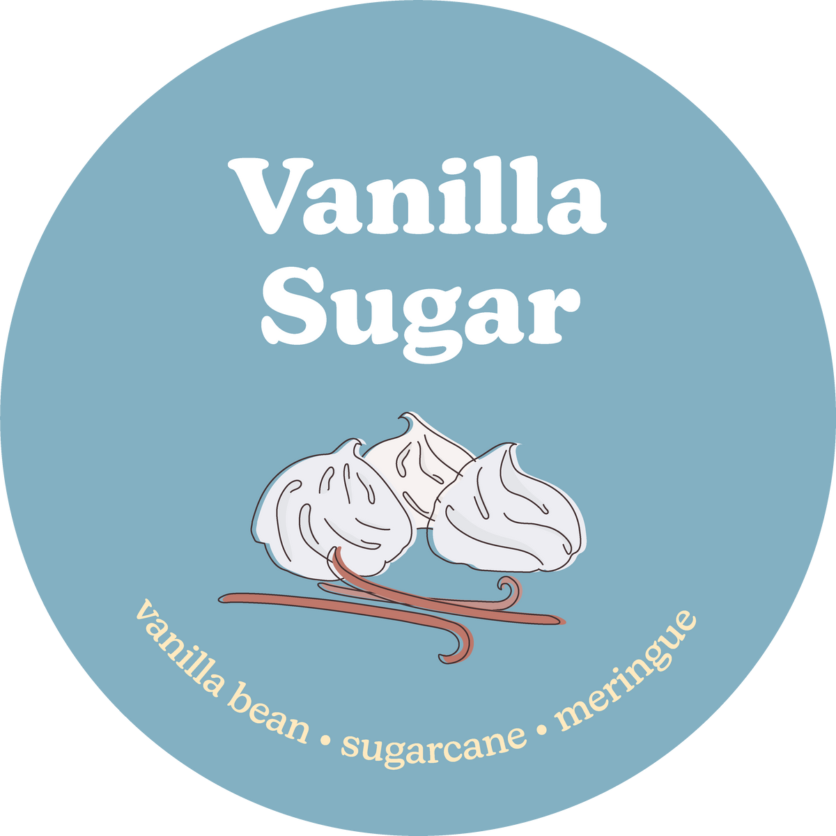 Blue circular label for Vanilla Sugar wax melts with white meringue illustration and vanilla bean design.