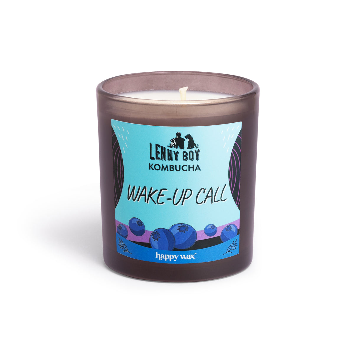Dark frosted glass candle with turquoise label featuring "Wake-Up Call" text and blueberry design, single white wick visible.