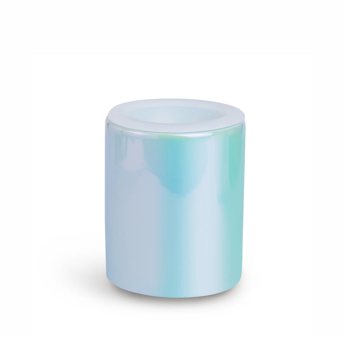 Cylindrical wax warmer with white top and turquoise ombre finish on body.