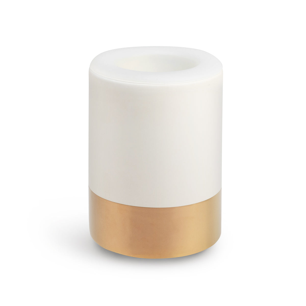 White ceramic wax warmer with gold-tone base and circular top opening.