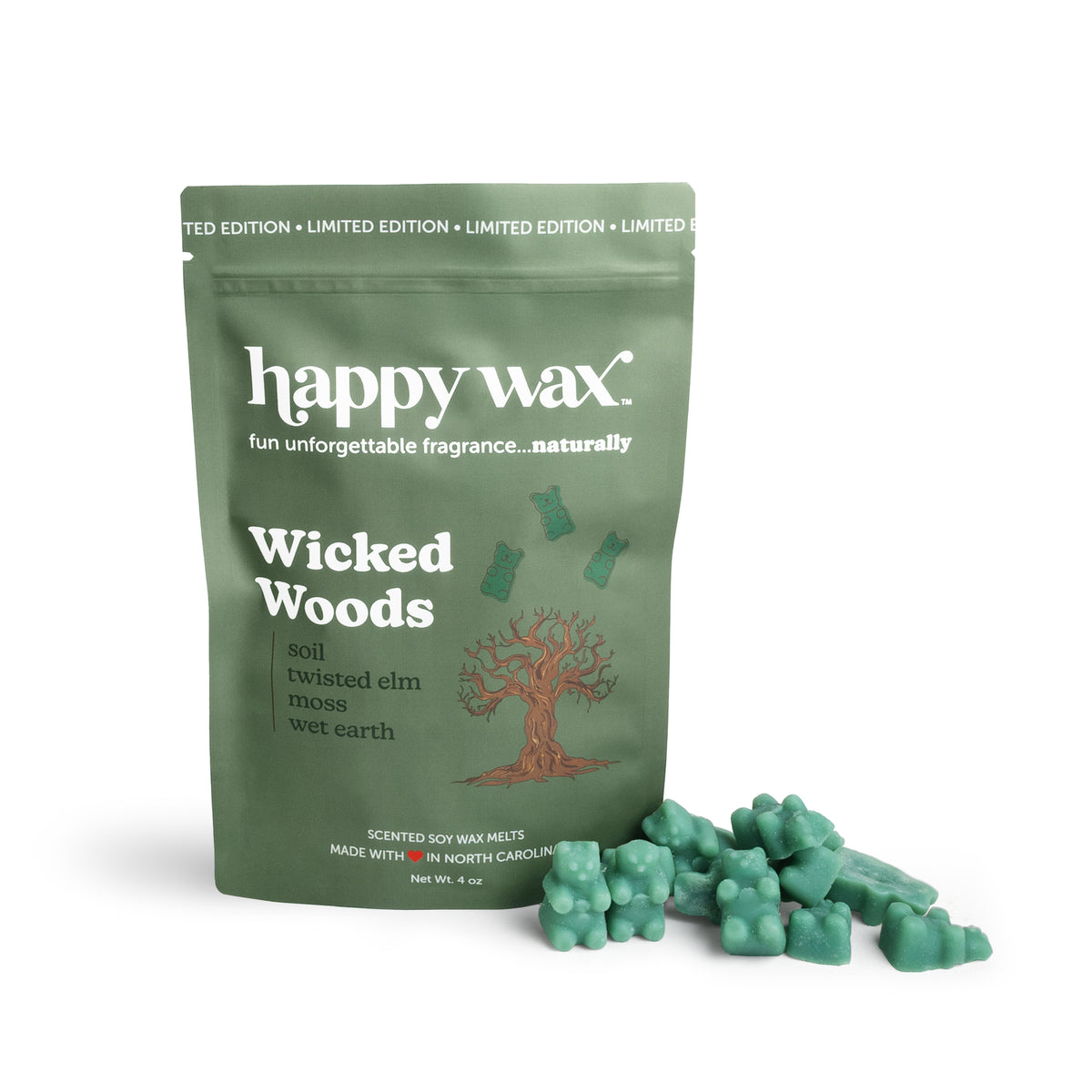 Happy Wax wicked woods pouch with green wax bears on white background