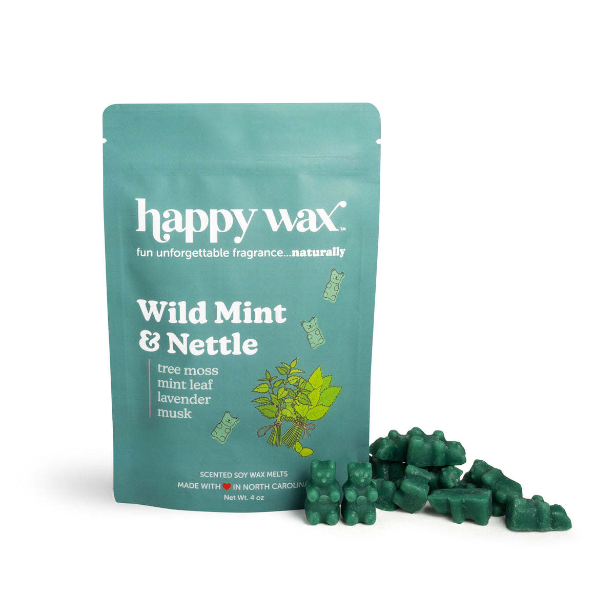 Teal pouch of Happy Wax brand Wild Mint & Nettle wax melts with green wax pieces displayed beside it.
