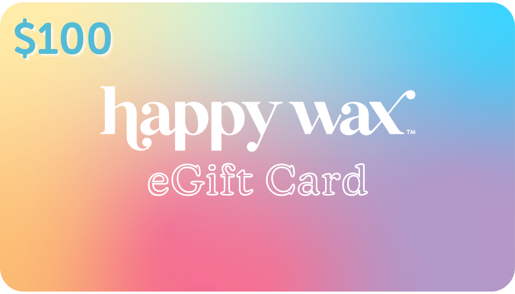 $100 Happy Wax eGift Card with gradient background transitioning from yellow to blue to pink.