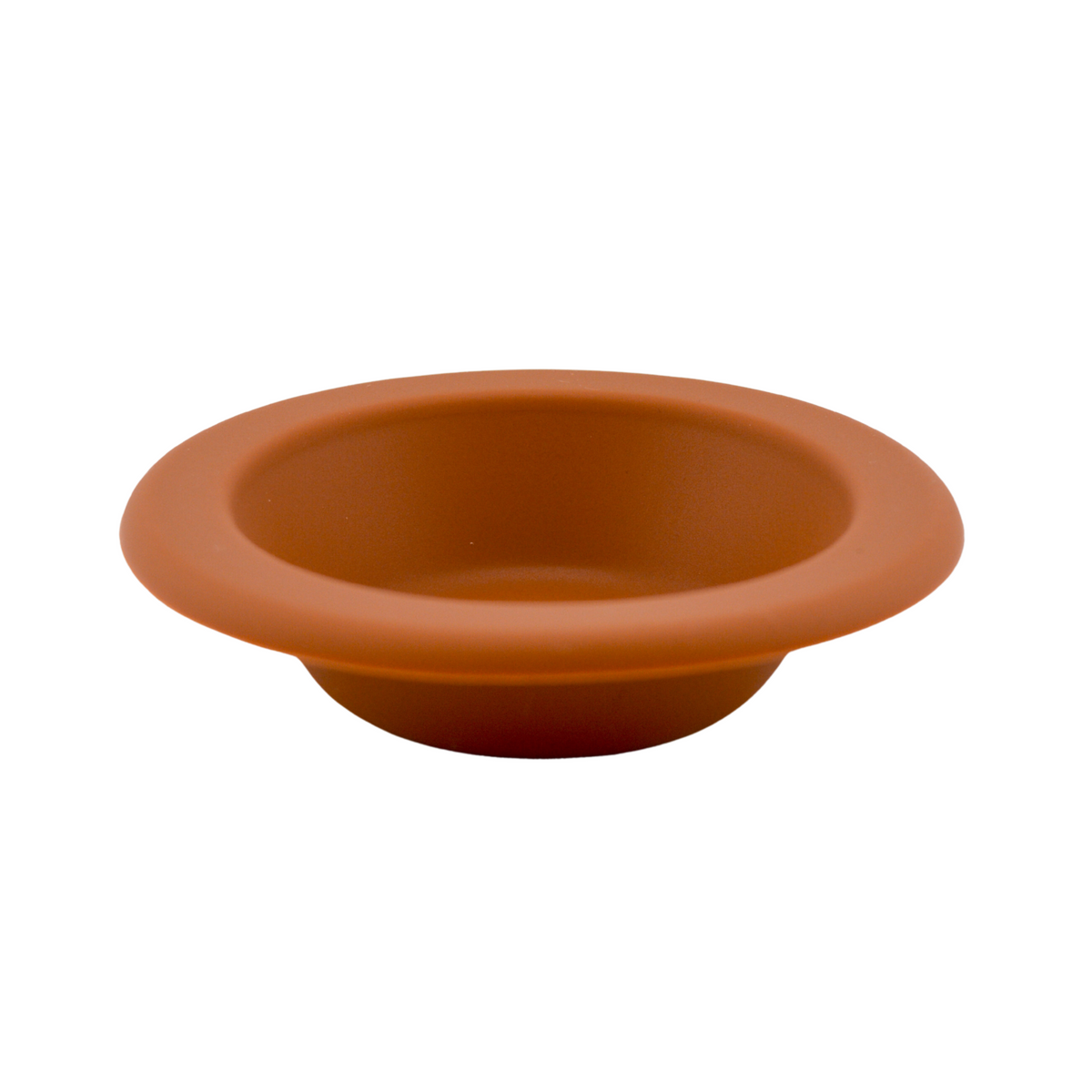 Brown silicone wax melt dish with wide rim and recessed center well.