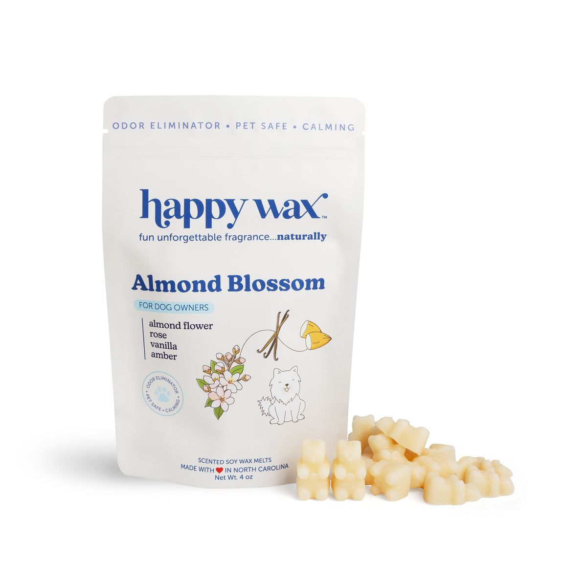 Happy Wax Almond Blossom pet-safe wax melts in cream-colored chunks next to labeled package.