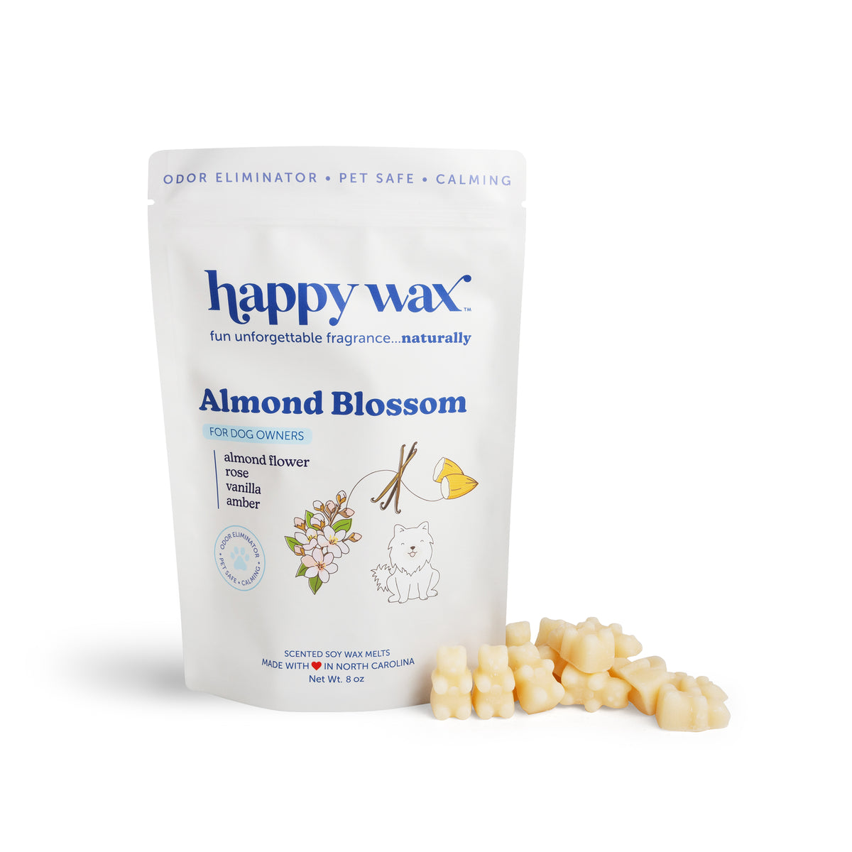 White pouch of Happy Wax Almond Blossom pet wax melts with cream-colored wax melts displayed in front.