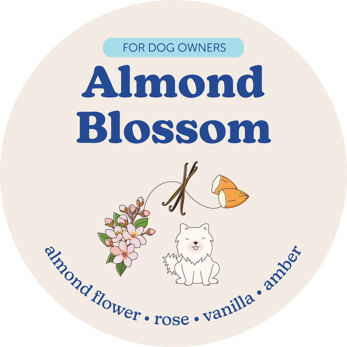 Circular cream-colored label with "Almond Blossom" text, illustrated flowers, vanilla pod, and white dog graphic.