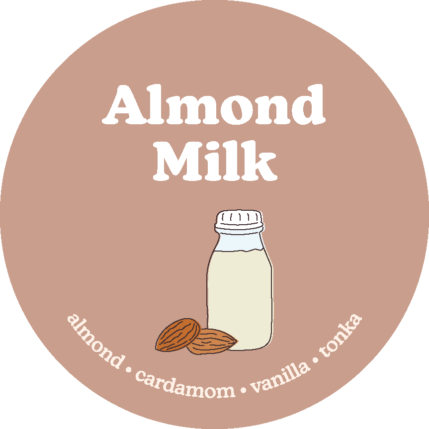 Tan circular label with "Almond Milk" text, illustrations of almonds and milk bottle, scent notes listed around edge.