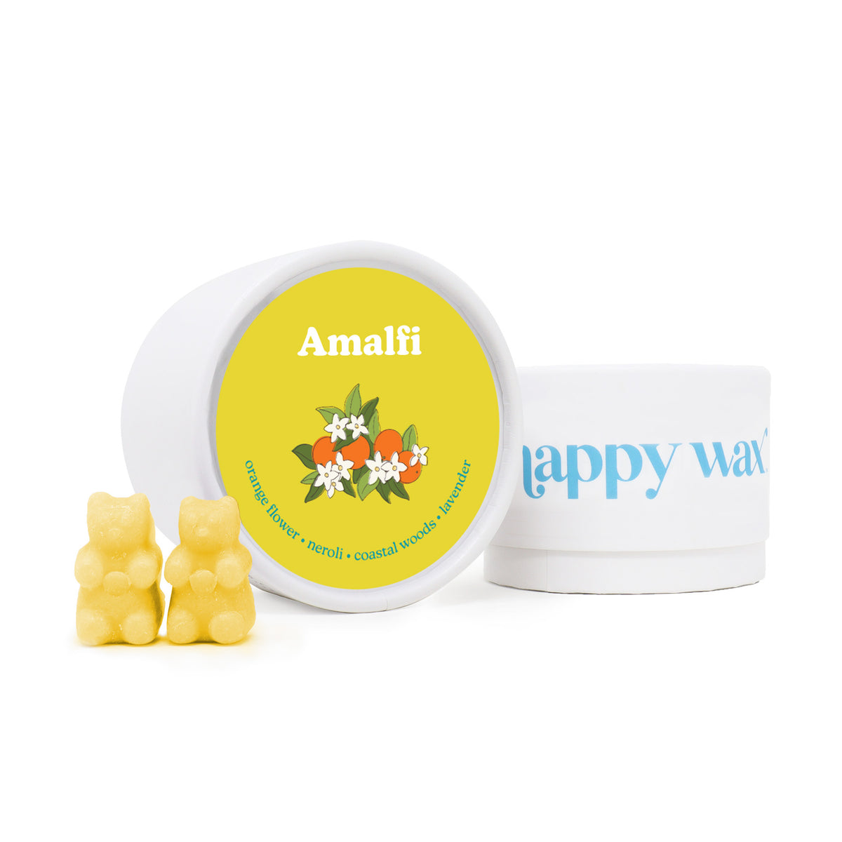 Yellow bear-shaped wax melts displayed next to a white container with yellow label and a white box.