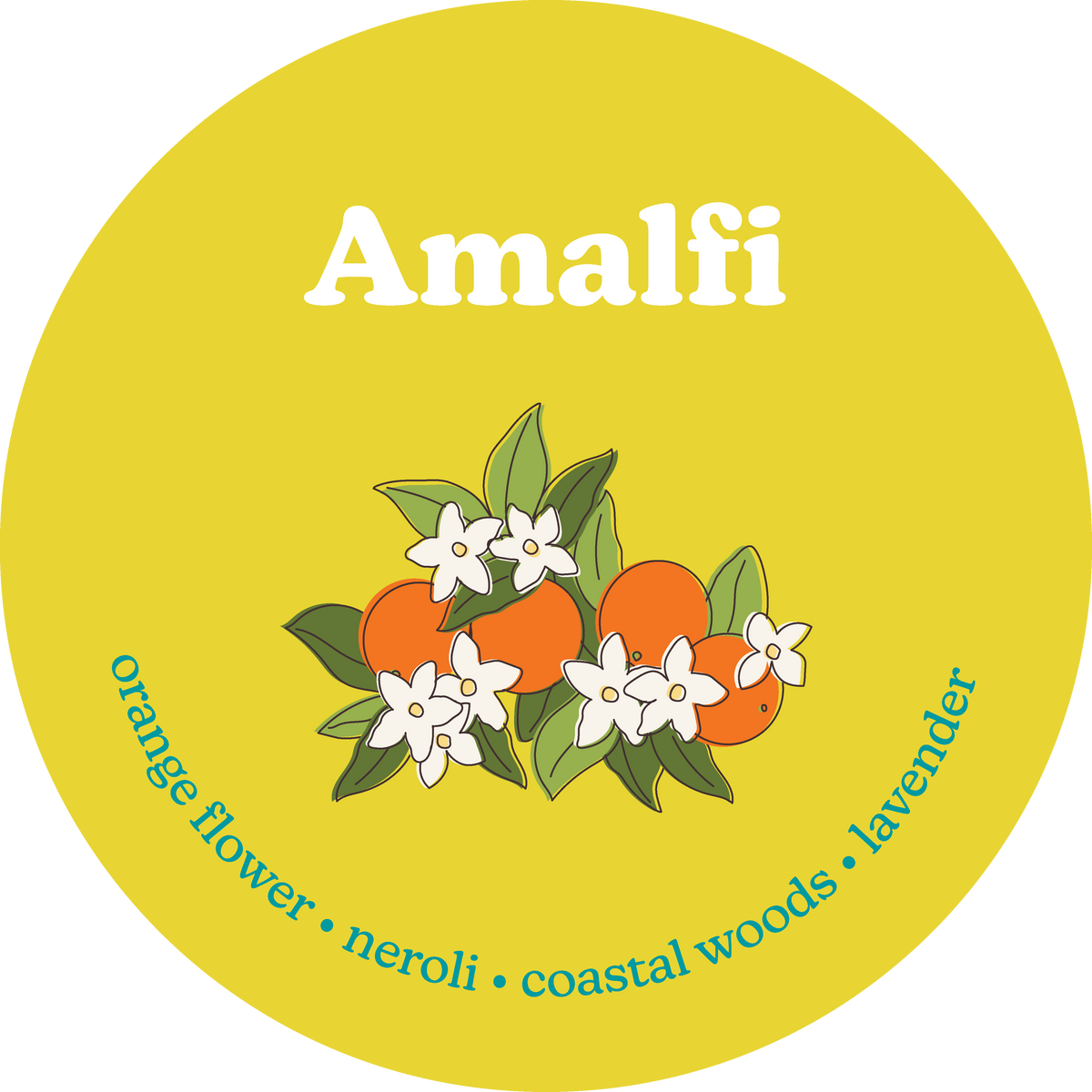 Bright yellow circular label with "Amalfi" text, orange fruit and white flower illustration, and scent notes listed below.