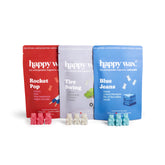 Three 'happy wax' scented wax packages  on a white background.
