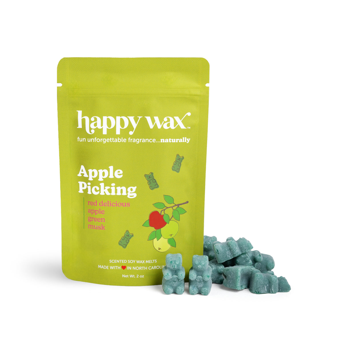 Green pouch of Happy Wax Apple Picking scented soy wax melts with green wax pieces displayed in front.