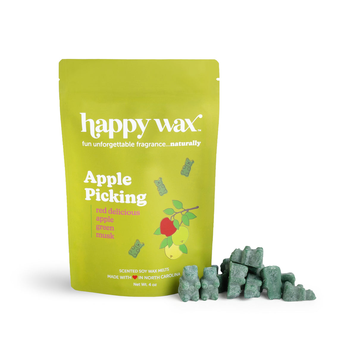 Green resealable pouch of Happy Wax soy wax melts with scattered green wax chunks displayed beside it.