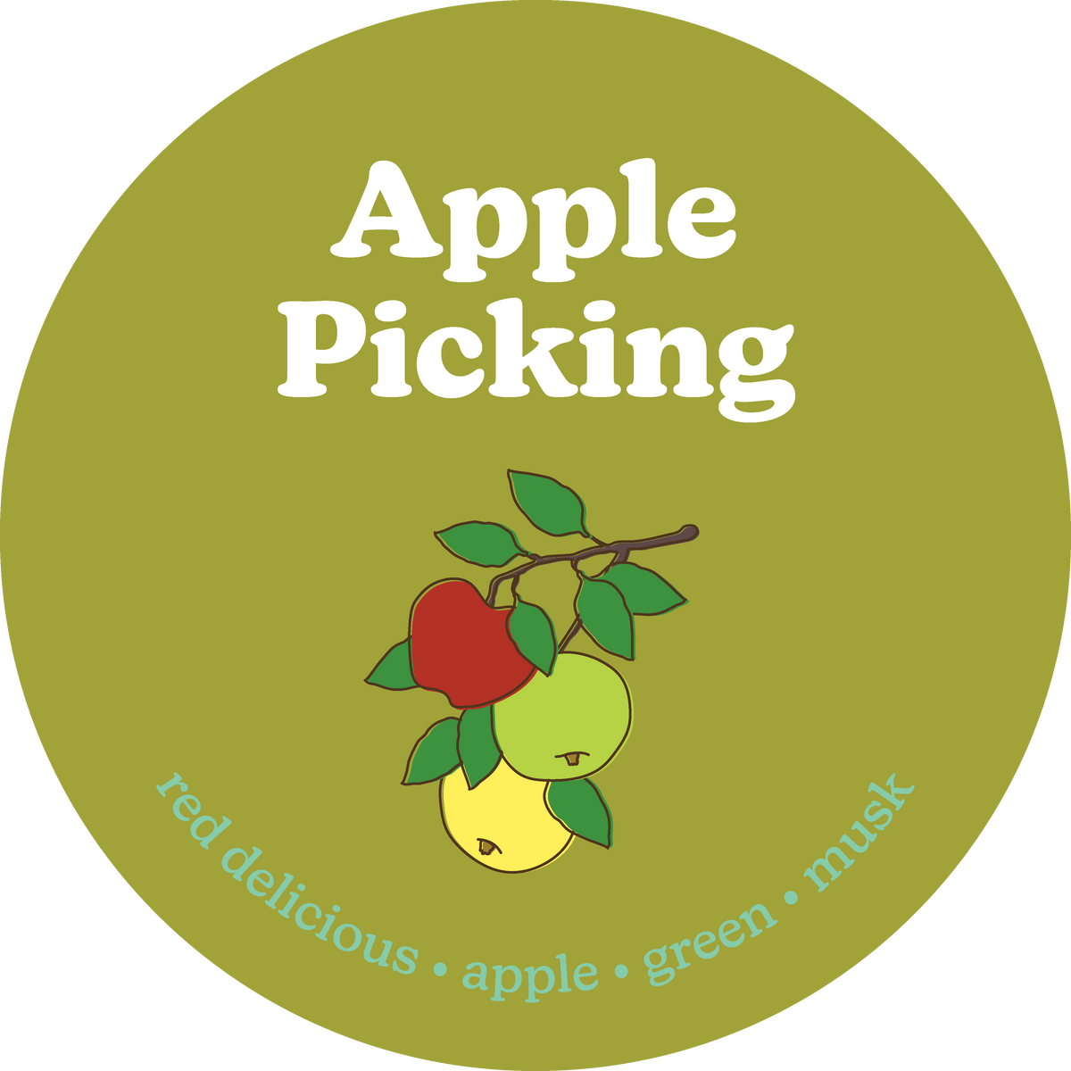 Round olive-green wax melt label with "Apple Picking" text and illustrated branch with red, green, and yellow apples.