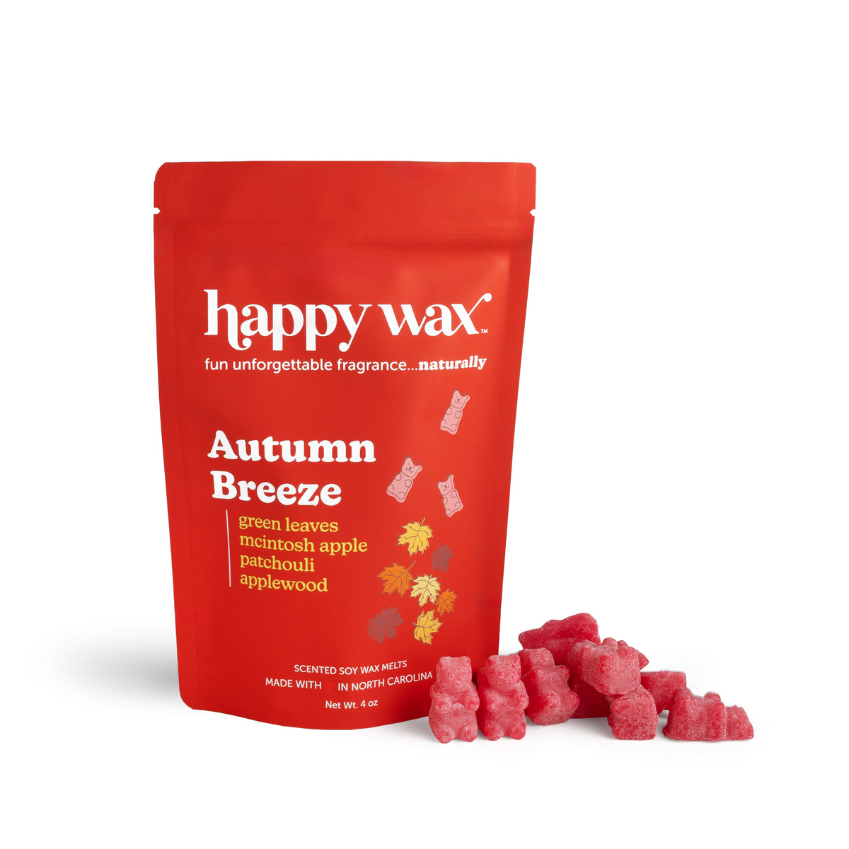 Red Happy Wax pouch of Autumn Breeze wax melts with pink wax cubes displayed beside it.