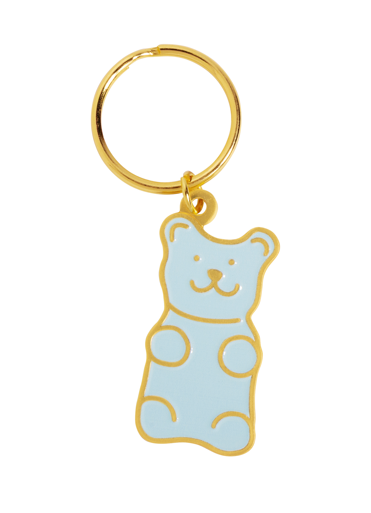 Light blue bear charm with gold outline and details hanging from a gold-toned keyring.