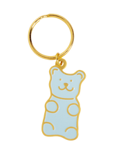 Light blue bear charm with gold outline and details hanging from a gold-toned keyring.