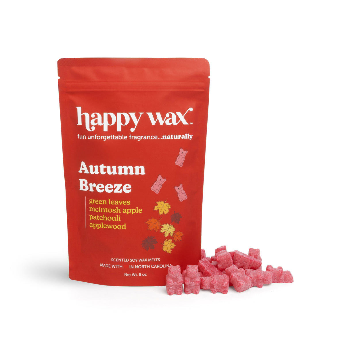 Red Happy Wax pouch with Autumn Breeze label and pink wax melts displayed in front.