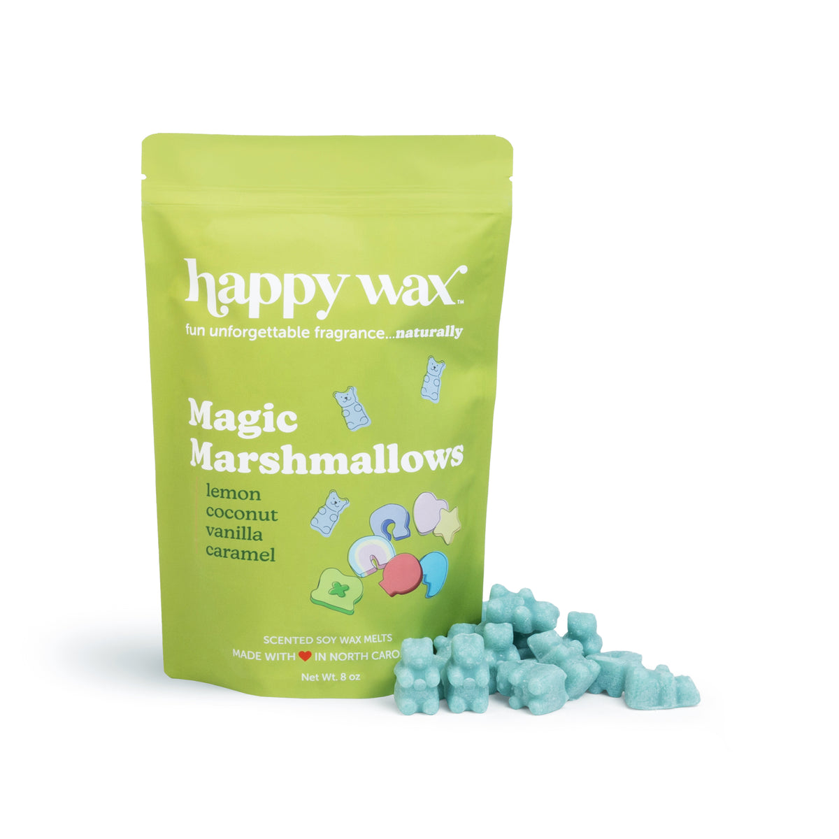 Green pouch of Happy Wax Magic Marshmallows wax melts with light blue cube-shaped melts displayed in front.