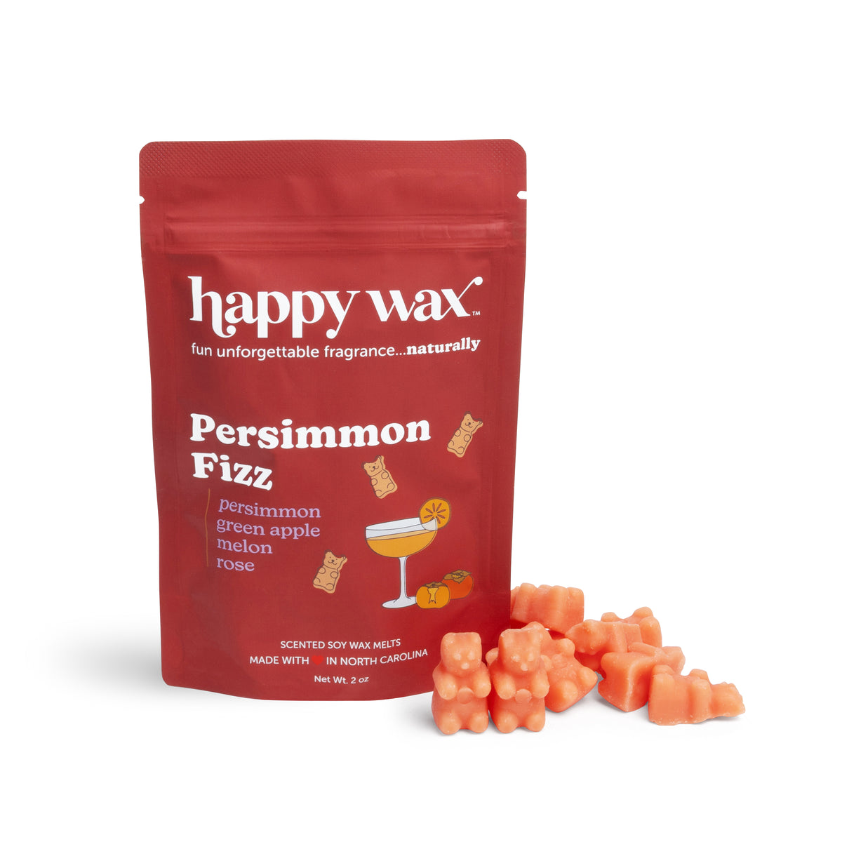 Red Happy Wax pouch of Persimmon Fizz soy wax melts with orange scented wax cubes displayed beside it.