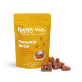 Yellow pouch of Pumpkin Dulce wax melts with brown wax cubes displayed in front.
