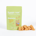 Lime green pouch labeled "happy wax Baguette" with baguette-shaped tan wax melts displayed beside it.