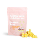 Pink pouch of Banana Split wax melts with yellow wax pieces displayed in front.