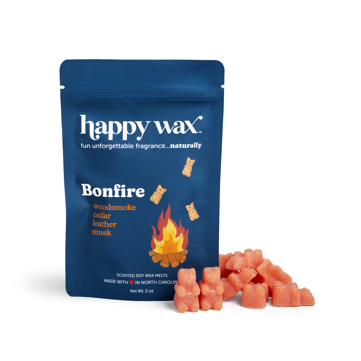 Blue pouch of Happy Wax Bonfire scented soy wax melts with coral-colored wax pieces displayed beside it.