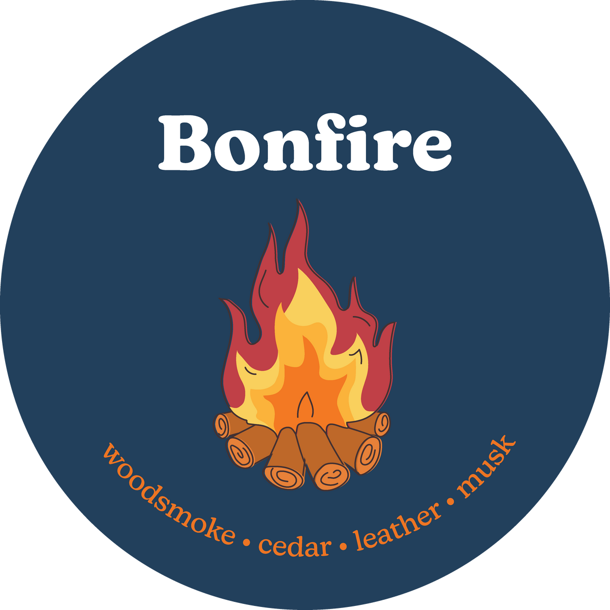 Dark blue circular label with "Bonfire" text, illustrated flame and logs, scent notes: woodsmoke, cedar, leather, musk.
